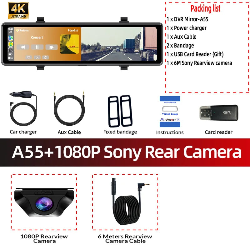 Acceo 4K Dashcam Rearview Mirror Car DVR - Wireless CarPlay A55-6M RCC / 64G