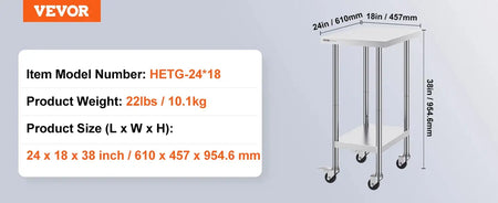Stainless Steel Work Table Four Wheels 500 Lbs Load 24x18inch / UNITED KINGDOM