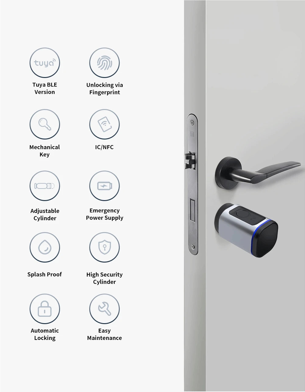 Bluetooth Fingerprint Smart Door Lock with Tuya App Compatibility, IC Card, and Key Unlock &ndash; Advanced Home Security System by iAooGee