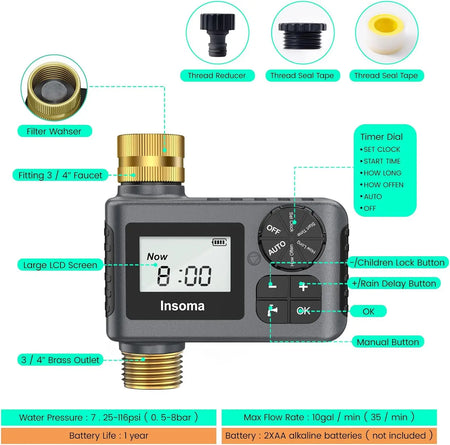 INSOMA SGW05-TT Automatic Water Timer &ndash; IPX5 Weatherproof