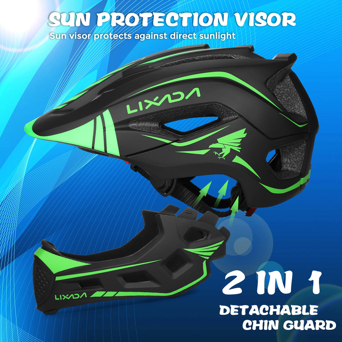 Kids Full Face Helmet – Shockproof With LED Tail Light, Detachable Chin Guard For Skateboard/Scooter/Bike