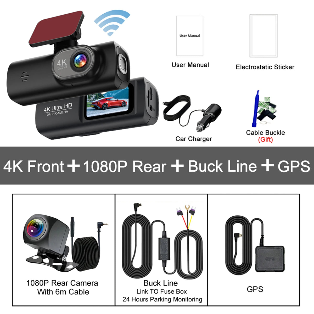 4K WIFI Dash Cam Mini Car DVR &ndash; Dual Lens Front and Rear with Night Vision and GPS