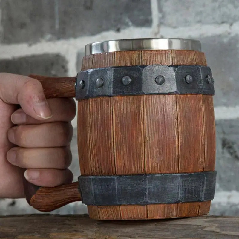 Viking Wooden Barrel Beer Mug - Stainless Steel 900ml