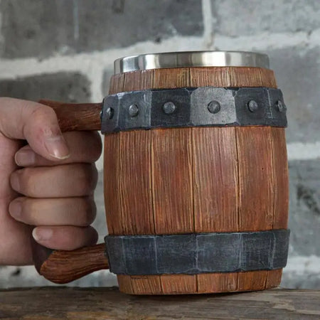 Viking Wooden Barrel Beer Mug - Stainless Steel 900ml