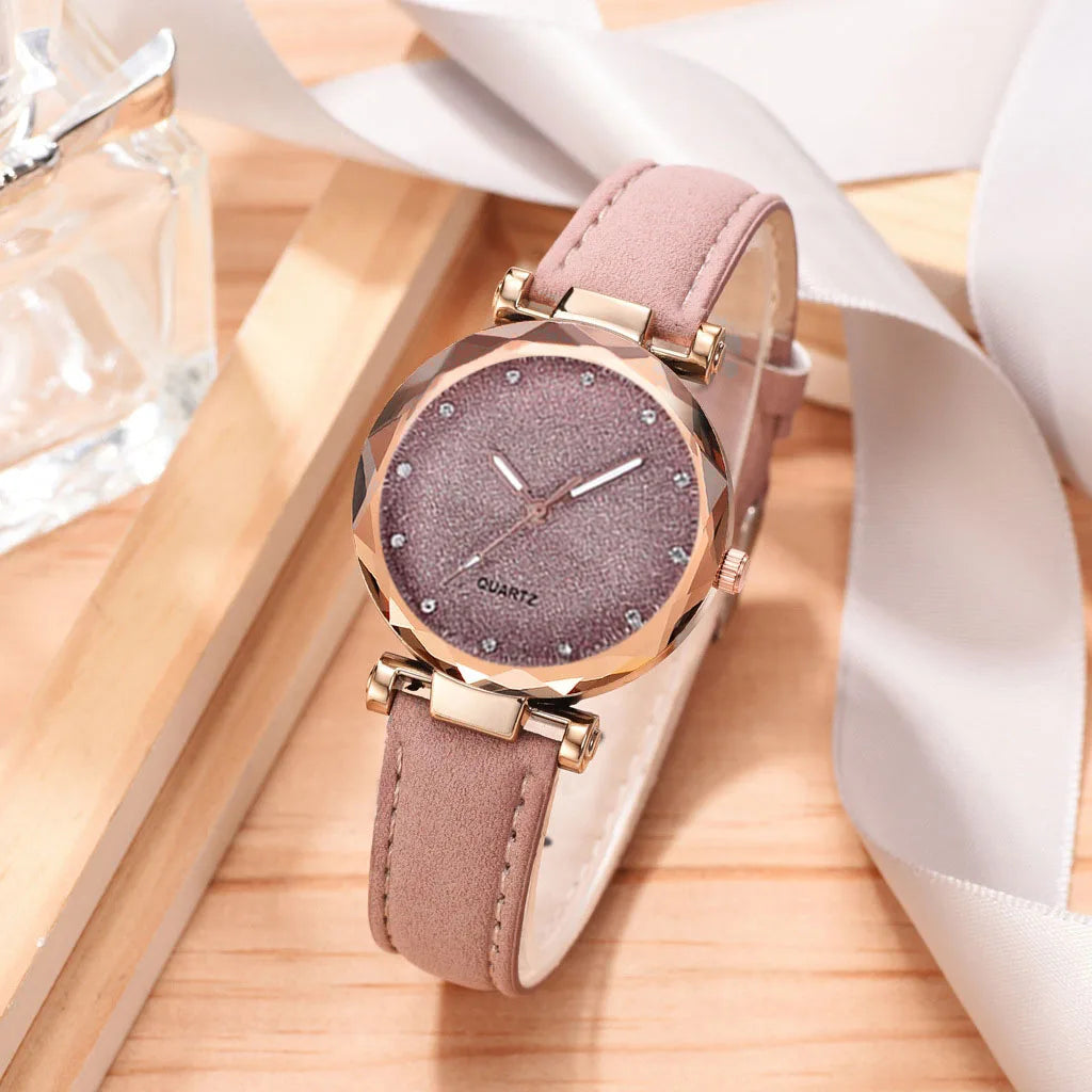 Romantic Starry Sky Leather Bracelet Watch for Women Pink