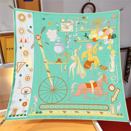 Pobing 90cm Twill Silk Scarf &ndash; Elegant Checkered Horse Print CYAN(6) / 90CM x 90CM / CHINA|>8Y