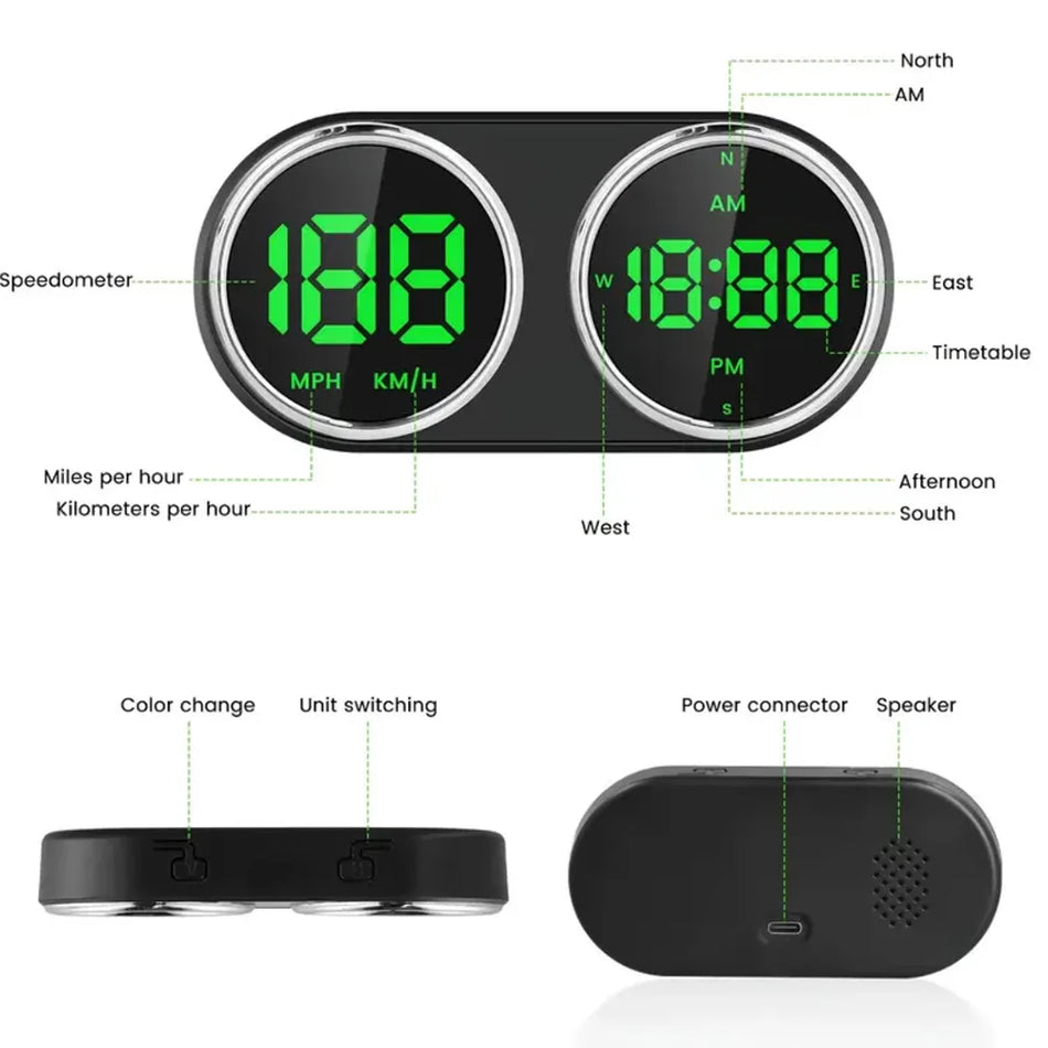 Car HUD Speedometer with Digital Clock and Over Speed Alarm, 7 Color KMH MPH