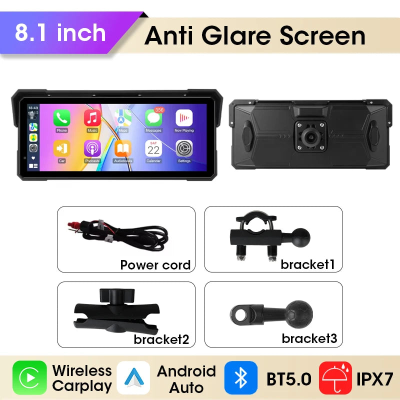 Srnubi Motorcycle Display Screen &ndash; Waterproof Digital Dashboard with Carplay and Android Auto 8.1 inch