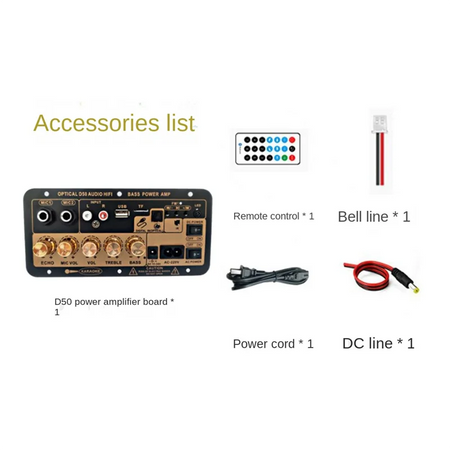 D50 Bluetooth Amplifier Board with USB, FM Radio, and Subwoofer Support