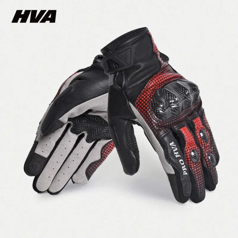 HVA Black Racing Genuine Leather Motorcycle Gloves for All Seasons Red / M