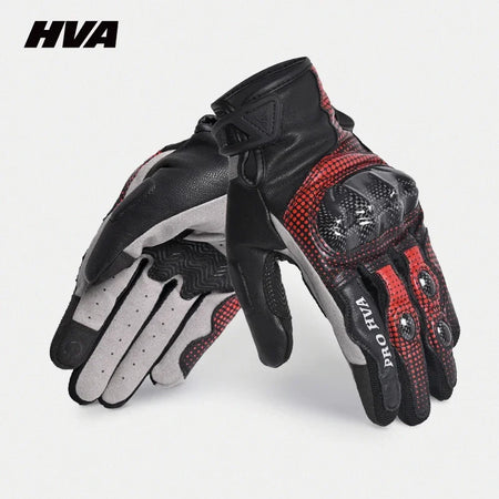 HVA Black Racing Genuine Leather Motorcycle Gloves for All Seasons Red / M