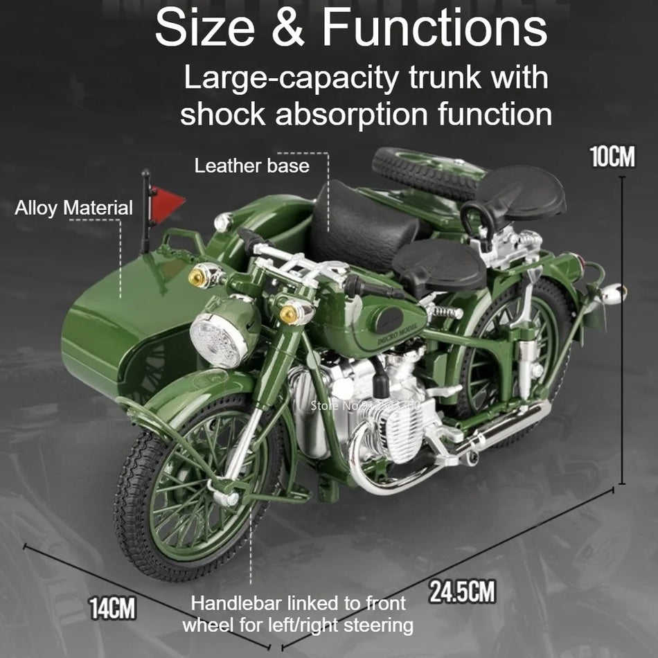 Model de tricicletă cu sidecar din metal turnat, cu direcție cu legătură pentru mașina RMZ City