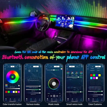 Full Color Streamer Car Ambient Lights RGB 64 Color Universal LED Interior Hidden Acrylic Strip Symphony Atmosphere Lamp by InterCyprus Trading Ltd
