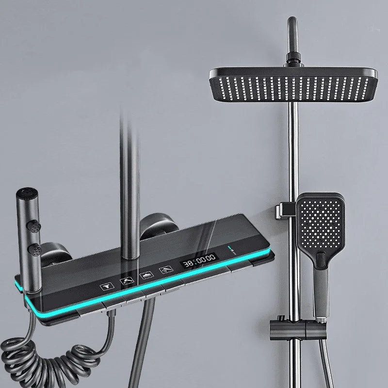 Polished Stainless Steel Shower Set with Ambient Light, Digital Display and Modern Square Faucet