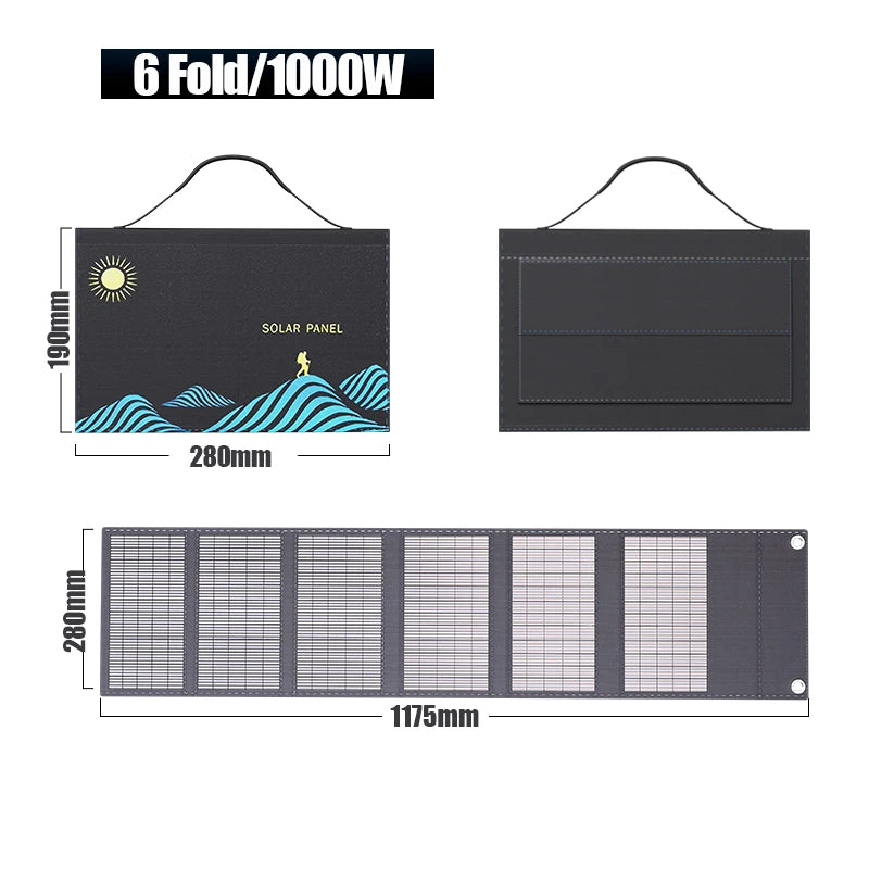 1000W Portable Folding Solar Charger Bag - USB &amp; DC Output for Outdoor Power 1000W 6fold