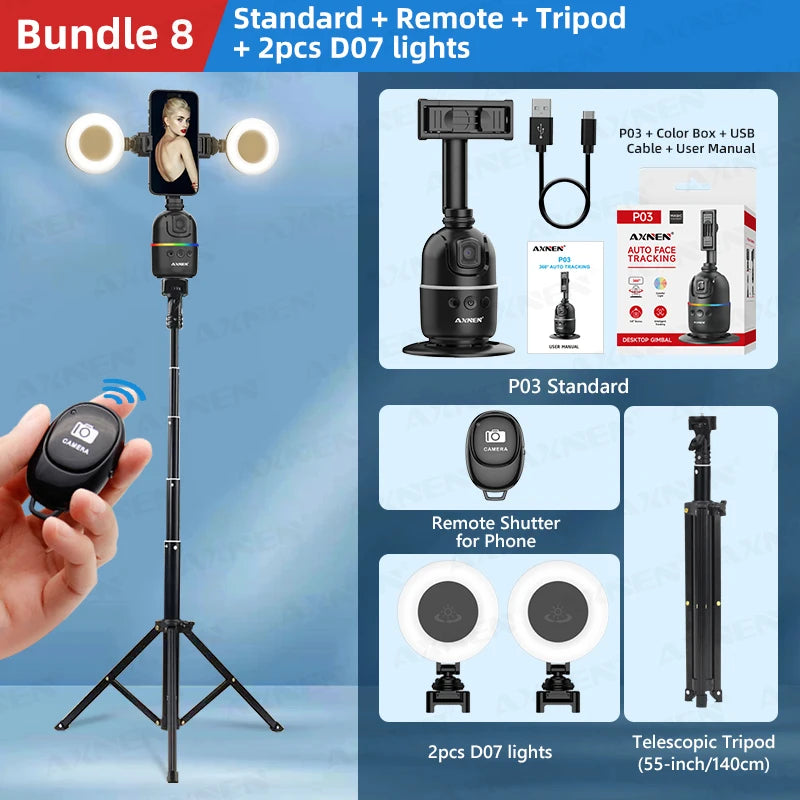 Smart Auto Face Tracking AI Gimbal for Smartphone &amp; Action Camera | 360&deg; Rotation Vlog Kit add-RC-Light-Tripod