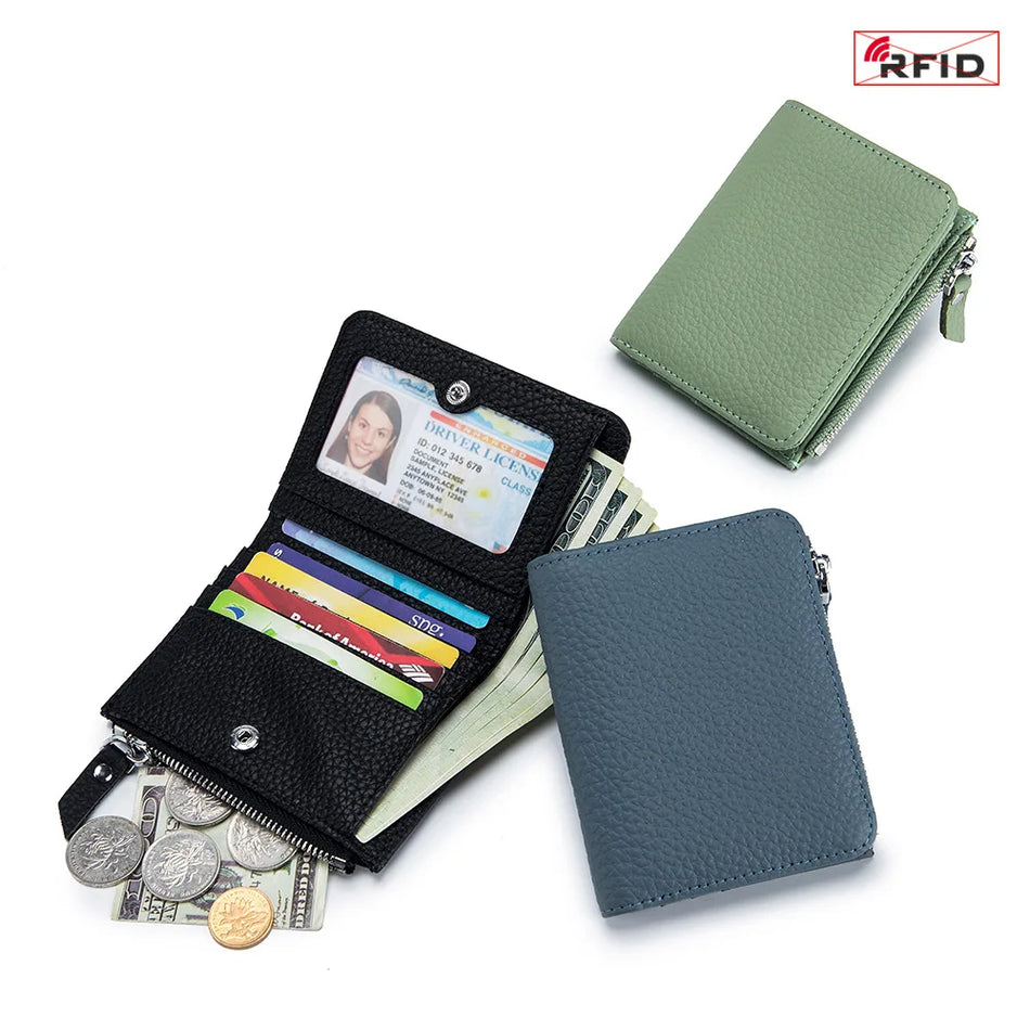 Portofel subțire din piele naturală cu blocare RFID pentru femei, pliabil cu buzunar pentru monede.