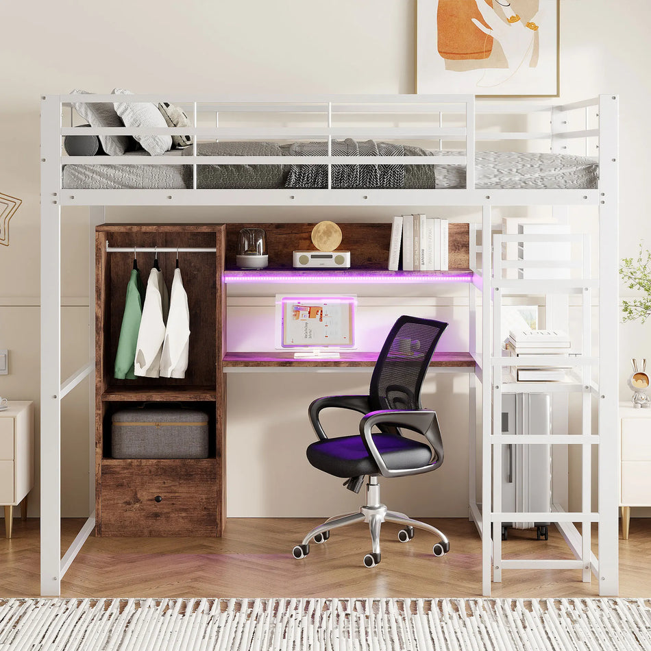 Loftsäng 140x200cm Vit Metallram Med LED-lampor Skrivbord