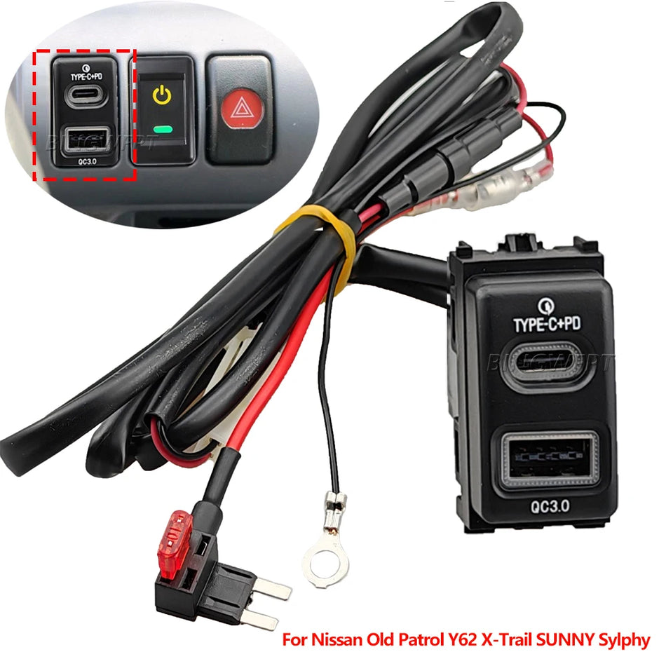 USB lādētājs ar sarkano LED PD ātro uzlādi Nissan Patrol Y62