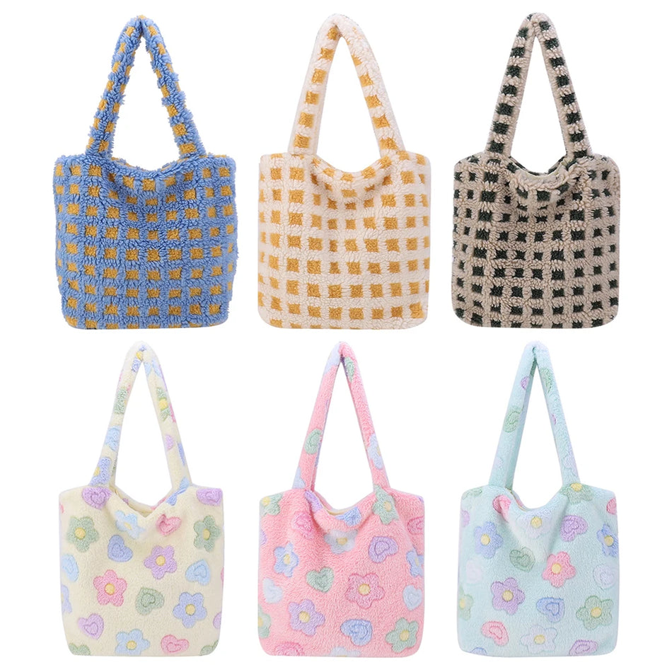 Plüsch Karomuster Blume Top Handle Winter Schultertasche für Frauen