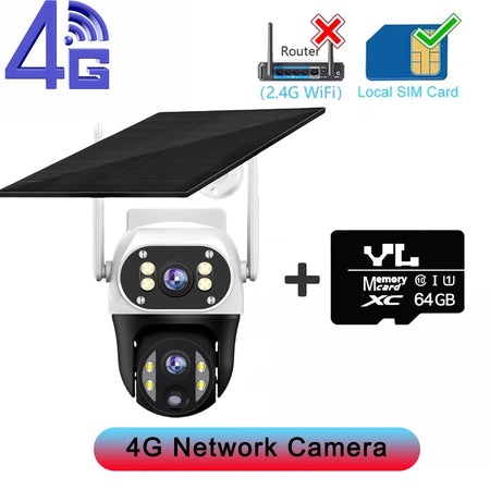 V380 8MP Dual Lens 4G Camera Solar PIR Human Detection Night Vision Waterproof Security Video IP Camara 4K Battery CCTV Monitor 4G Camera 64G Card