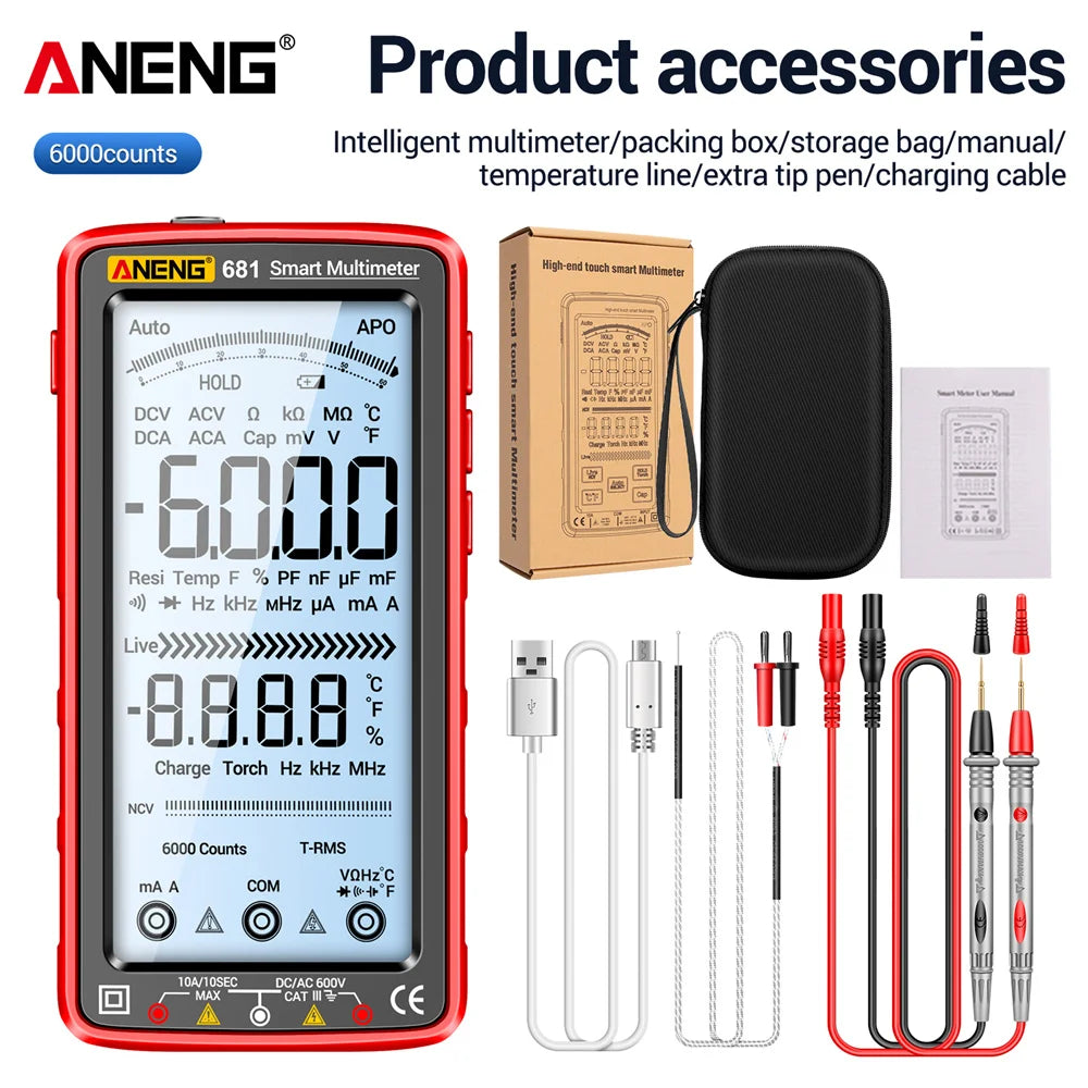 ANENG 681 Rechargeable Digital Multimeter - Non-Contact Voltage Tester with LCD Display 681 Red