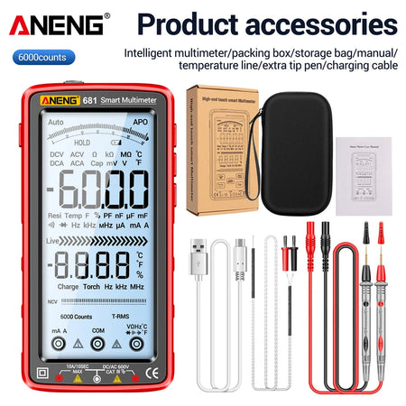 ANENG 681 Rechargeable Digital Multimeter - Non-Contact Voltage Tester with LCD Display 681 Red