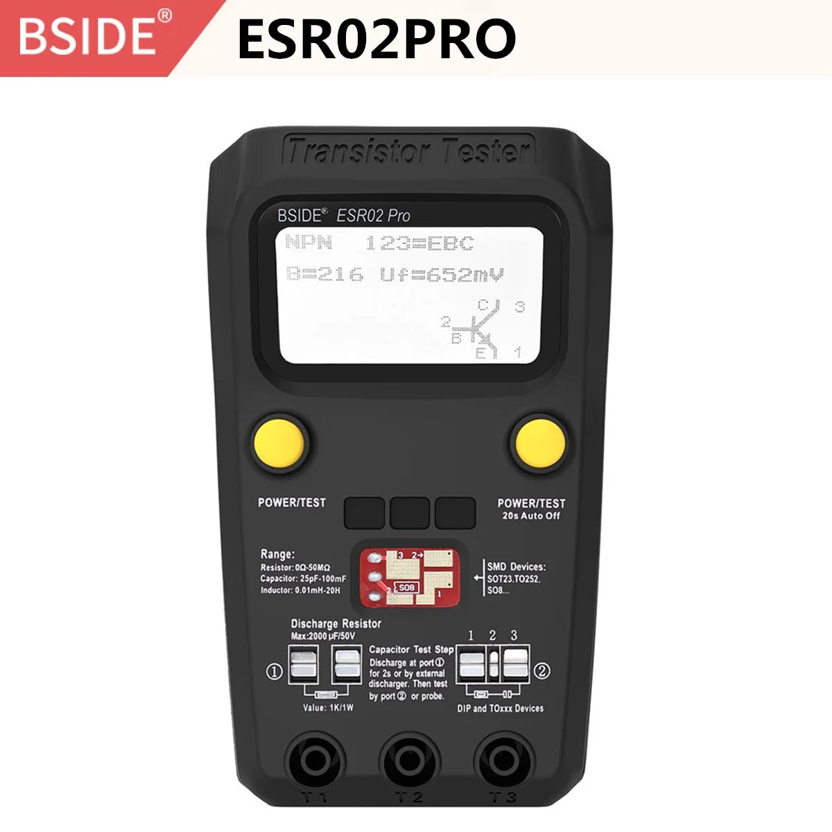 BSIDE ESR02PRO Transistor Tester SMD &ndash; Capacitance Testing ESR02PRO-BLACK / CHINA