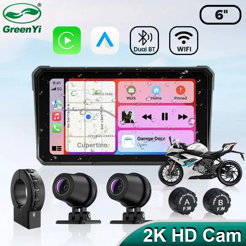 GreenYi 6'' Motorcycle DVR 2K HD Wireless Apple Carplay GPS Track Navigation Android Auto IP68 Waterproof Camera Portable Device by InterCyprus Trading Ltd