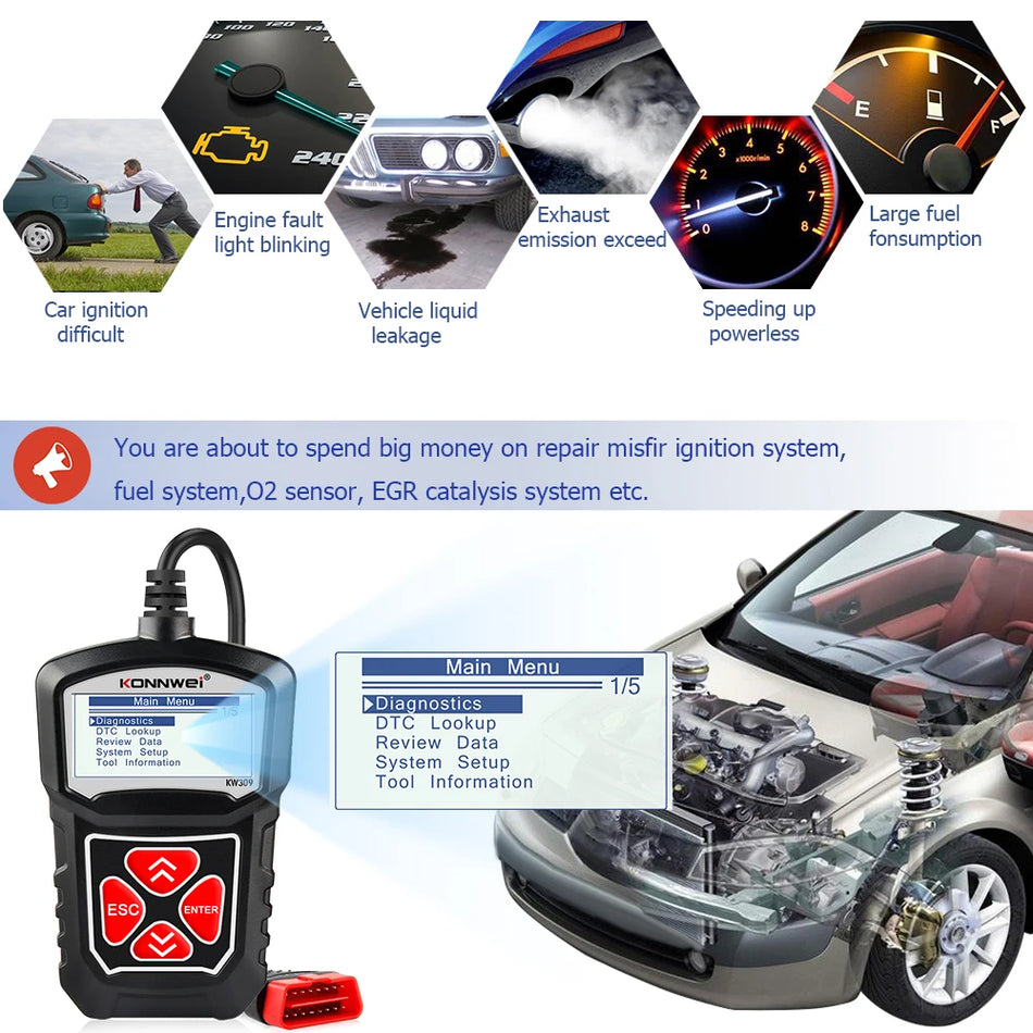 KONNWEI KW309 OBD2 Skeneris Automobiliams, Elm327 Suderinamas Diagnostikos Įrankis