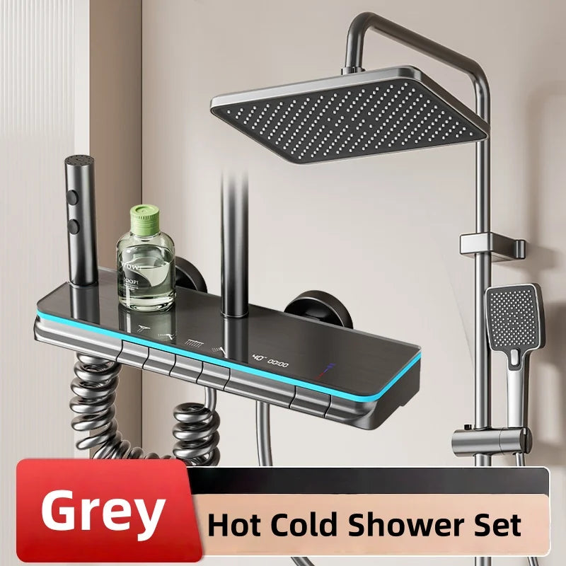 Digital Control Shower System with Rainfall Head, LED Atmosphere Light, Chrome Square Body
