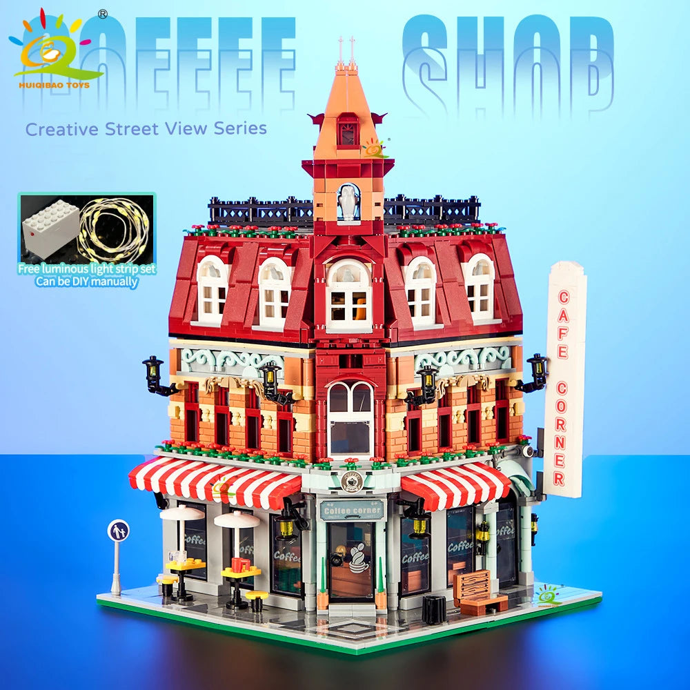 HUIQIBAO MOC City Corner Coffee Shop Blocks &ndash; Fun Build NO.1 / Has light and box
