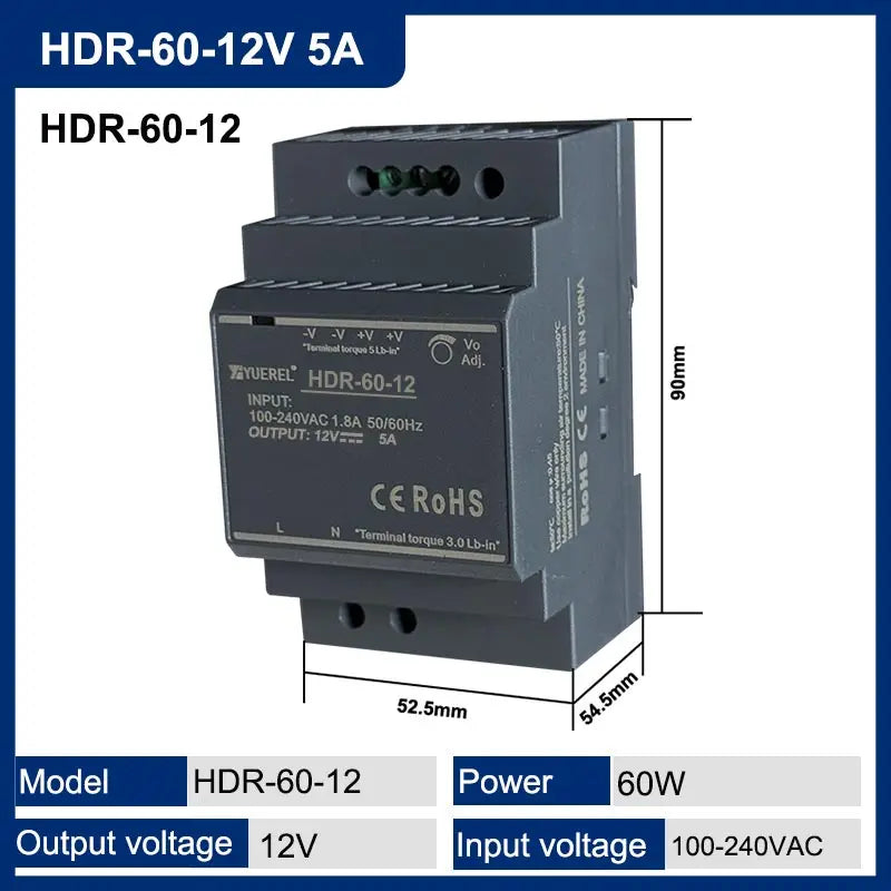 Ultrathin Rail Type Transformer | Efficient &amp; Versatile Power Supply Solutions HDR-60-12V 5A