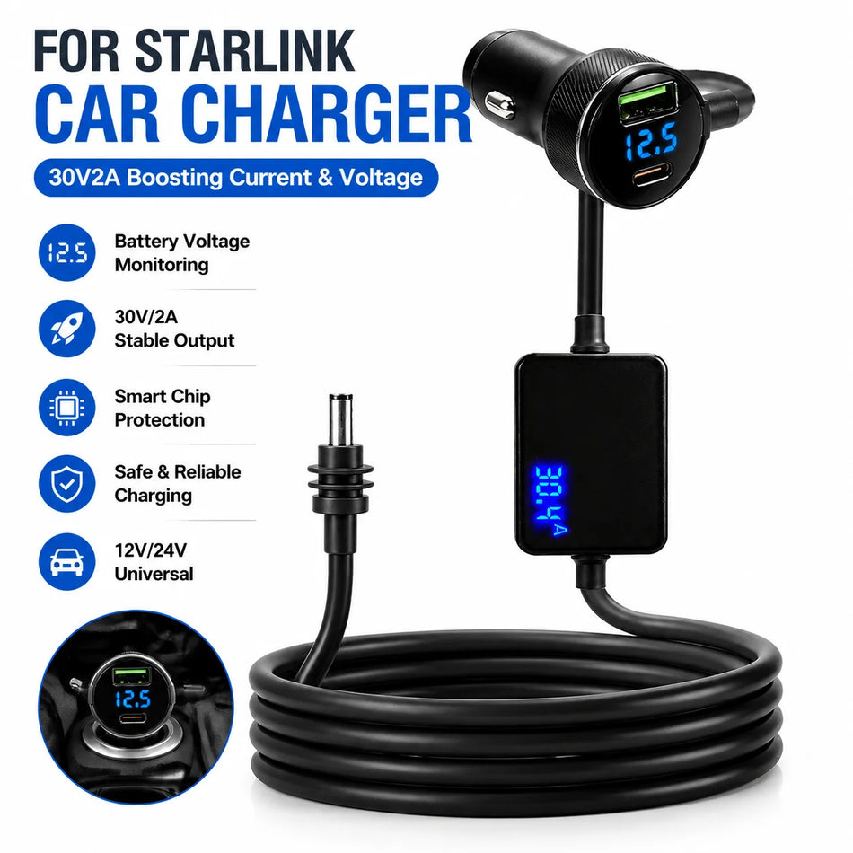 Starlink Mini-autolader 12V-24V naar 30V step-upconverter met digitale voltmeter, QC3.0- en PD-uitgang voor camper en vrachtwagen
