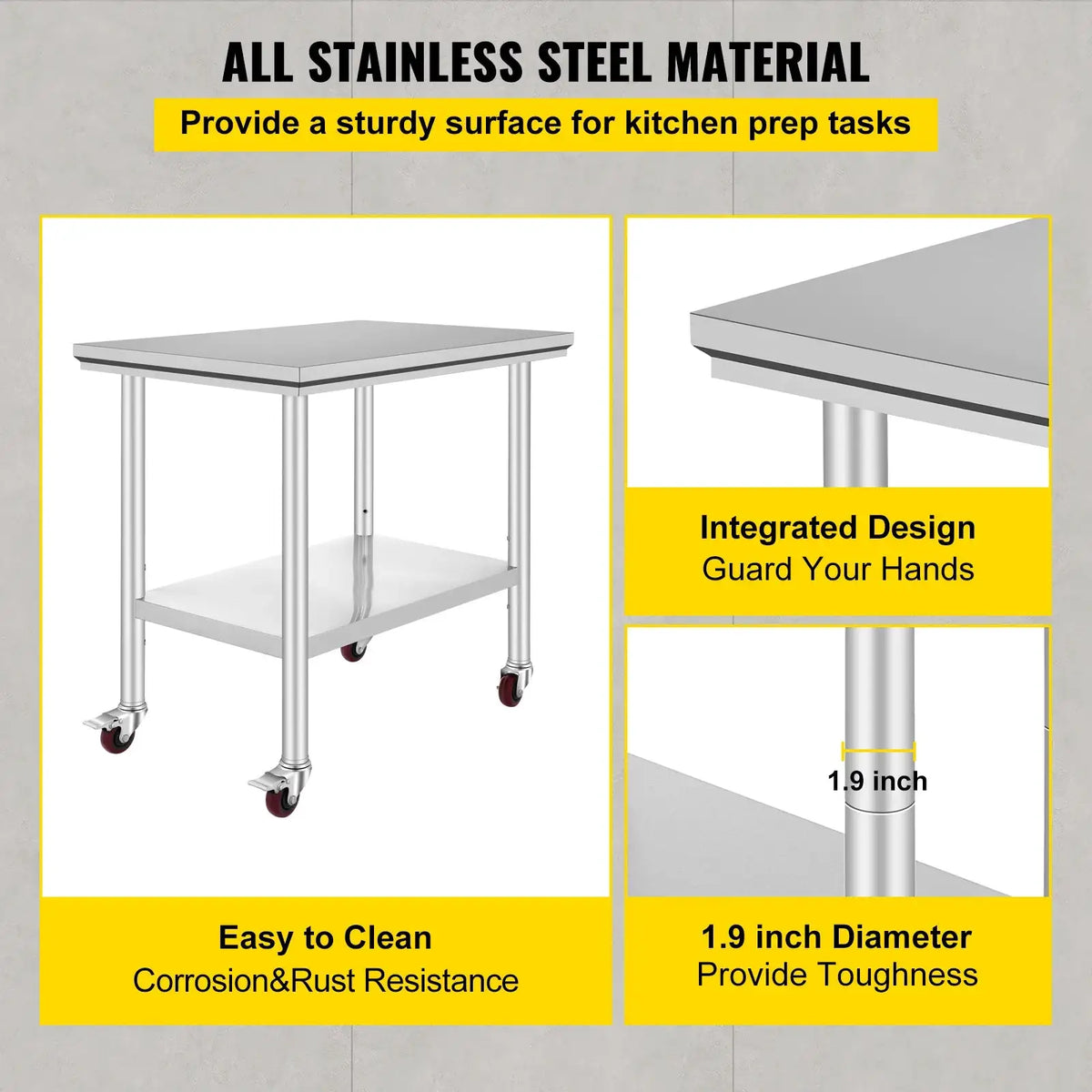 Stainless Steel Work Table With Caster Wheels And Shelves