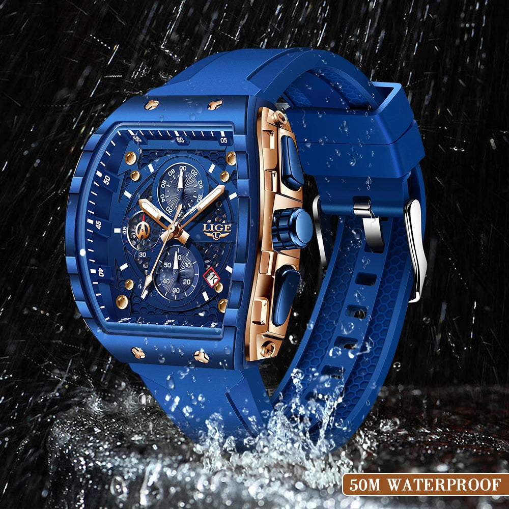 LIGE Luxury Square Casual Quartz Watch - 50M Waterproof Chronograph