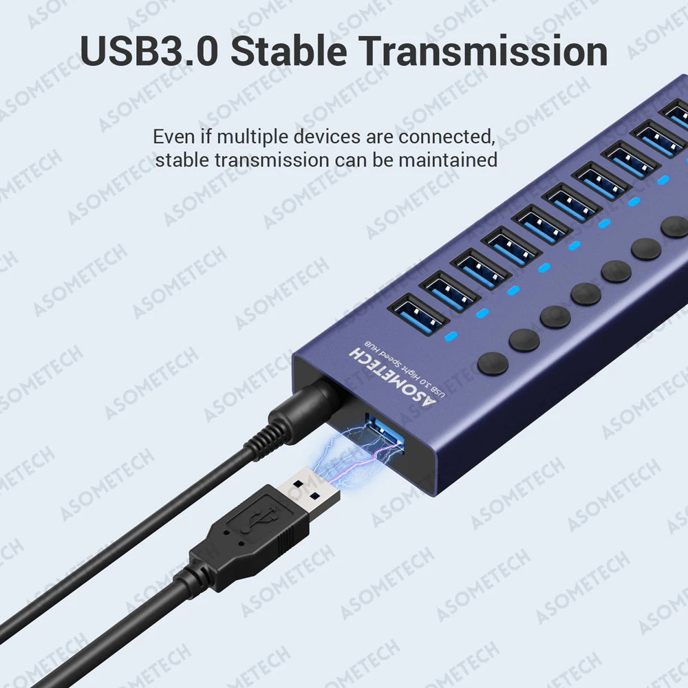 ASOMETECH 10 Port USB 3.0 Hub &ndash; High-Speed 5Gbps Data Transfer