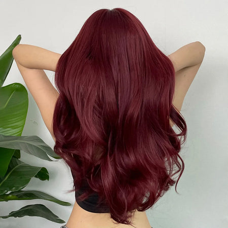 Wine Red Long Curly Synthetic Wig with Bangs - Heat Resistant &amp; Daily Wear