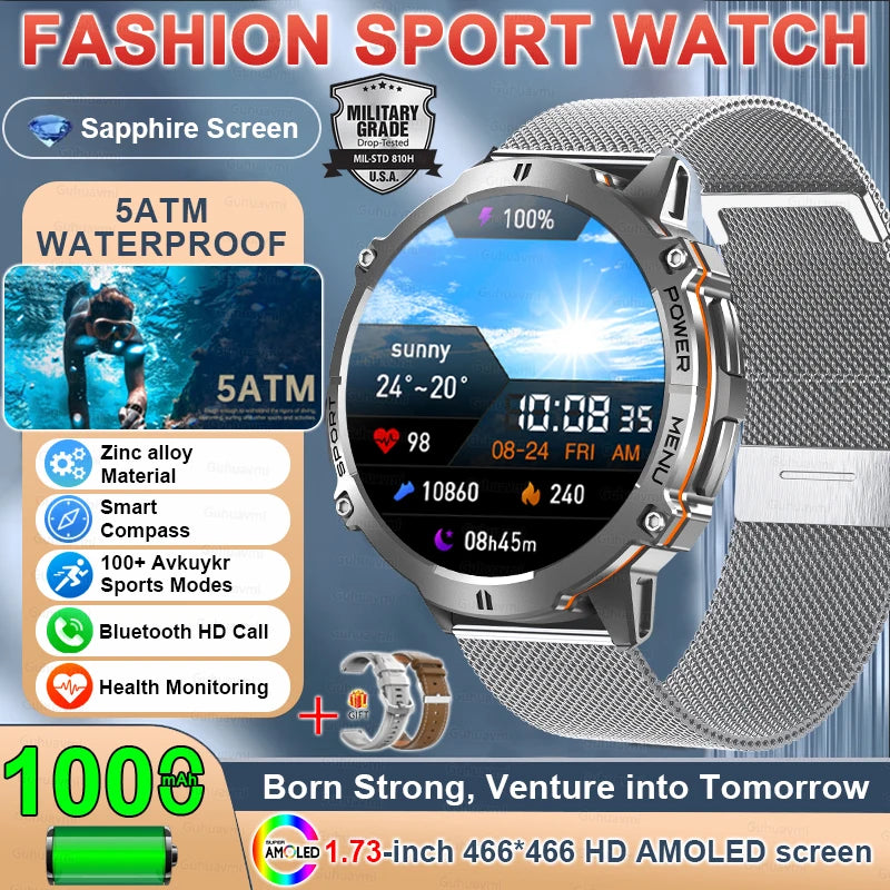 New 1000MAH Super Endurance Smart Watch &ndash; AMOLED Display Silver Mesh Belt 2 / GPS SmartWatch