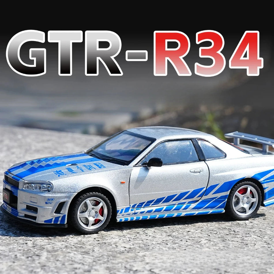 Model avtomobila GTR-R34 v merilu 1:24 iz diecast zlitine s povlekom, odpirajoča vrata