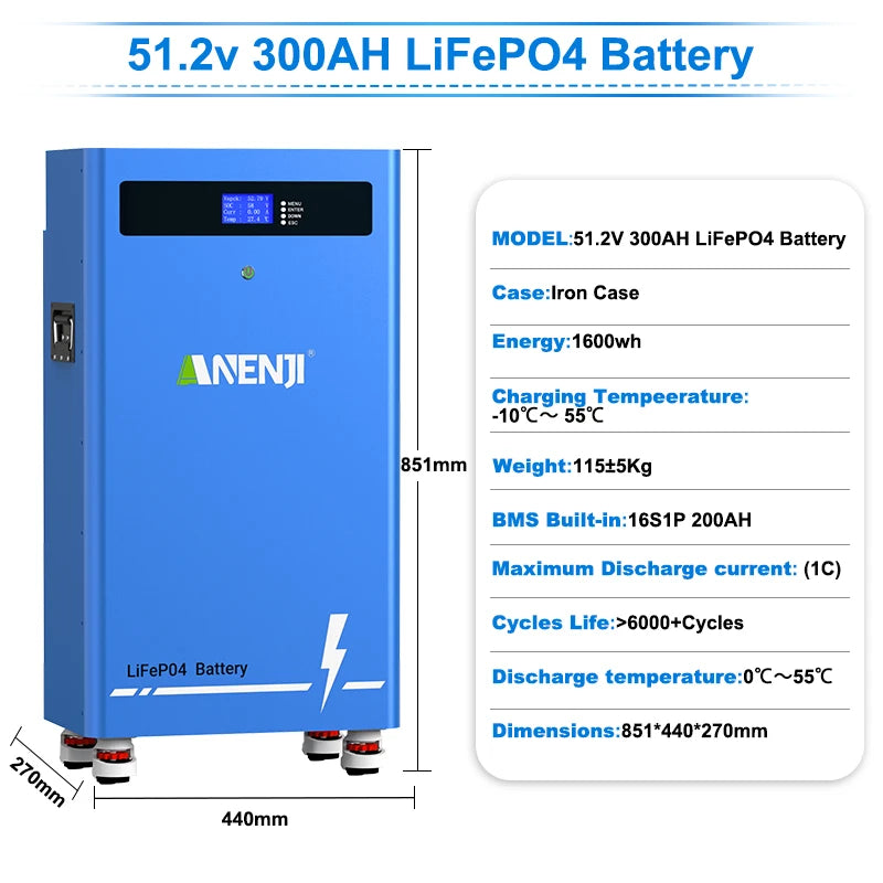 Πακέτο Μπαταρίας LiFePO4 51.2V 300Ah για Αποθήκευση Ηλιακής Ενέργειας, Μακράς Διάρκειας, 16kWh, 6000 Κύκλοι