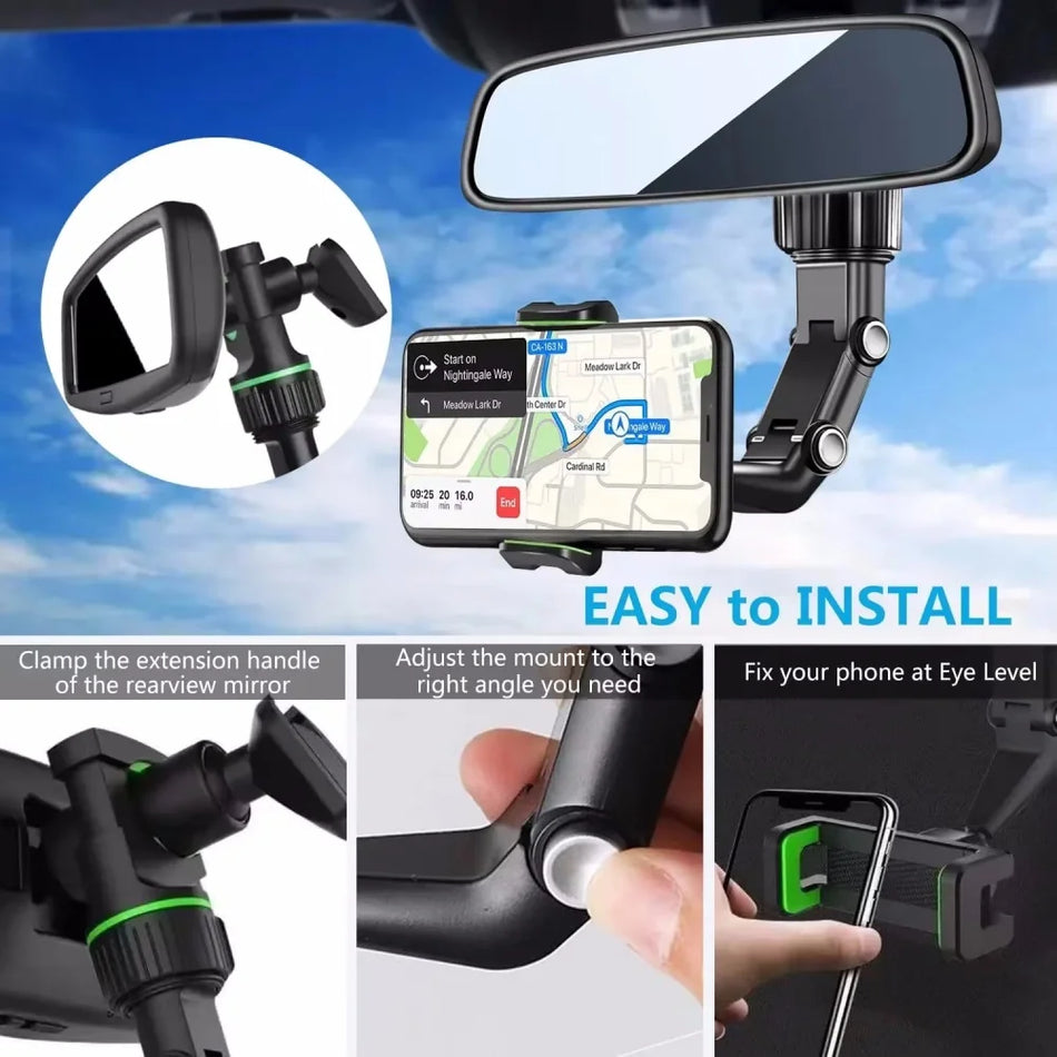 Suport pentru telefon cu oglindă retrovizoare auto la 360 de grade pentru telefoane de 4,0-6,1 inci, ajustabil