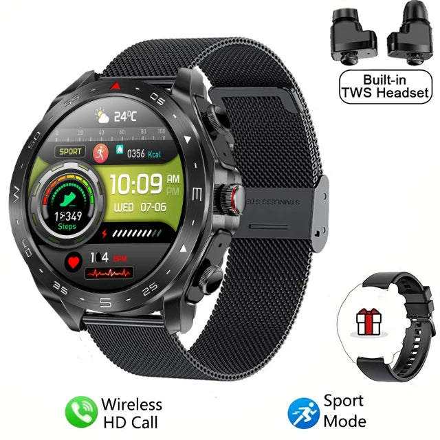 GEJIAN 2024 Smart Watch with TWS 2-in-1 Bluetooth Earphones and HIFI 9D Sound Quality Internet black