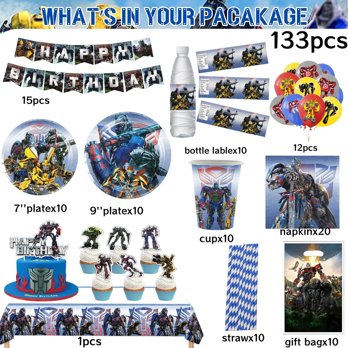 Bumblebee Birthday Party Supplies | Disposable Transformers Tableware Set zh-133pcs / CHINA