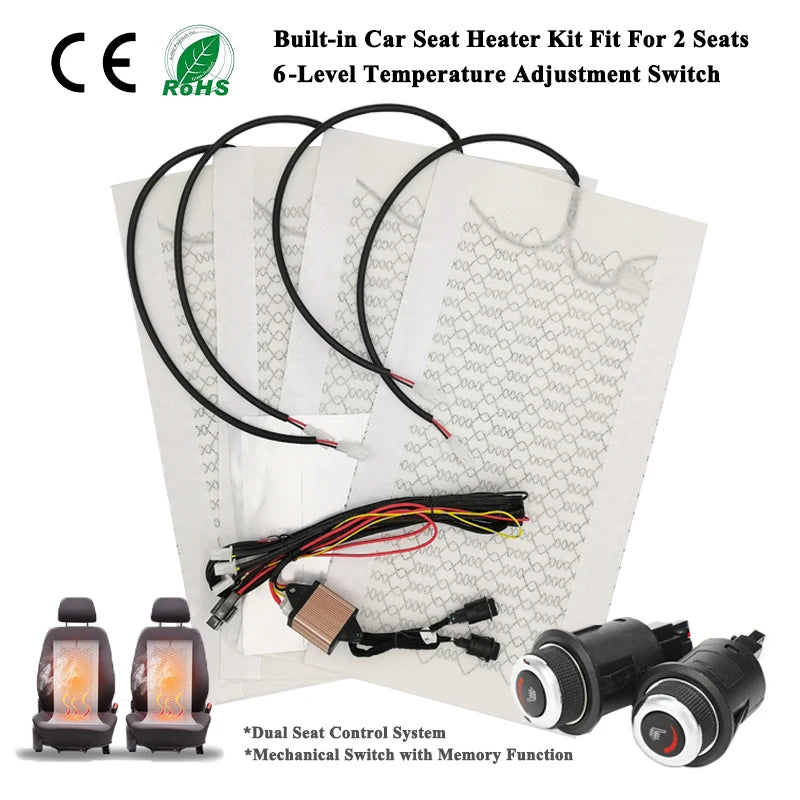 12V Carbon Fiber Car Seat Heater Kit With 6 Level Dual Control Fits 2 Seats