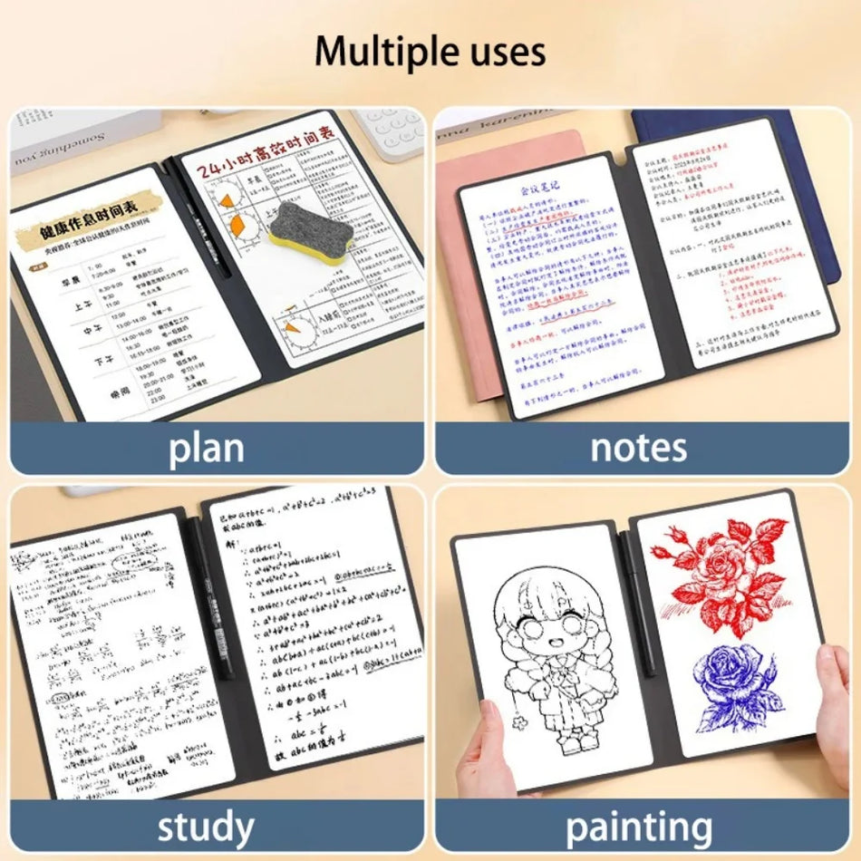 Conjunto de Caderno de Quadro Branco Reutilizável A5 com Caneta, Pano de Limpeza e Bloco de Notas em Couro
