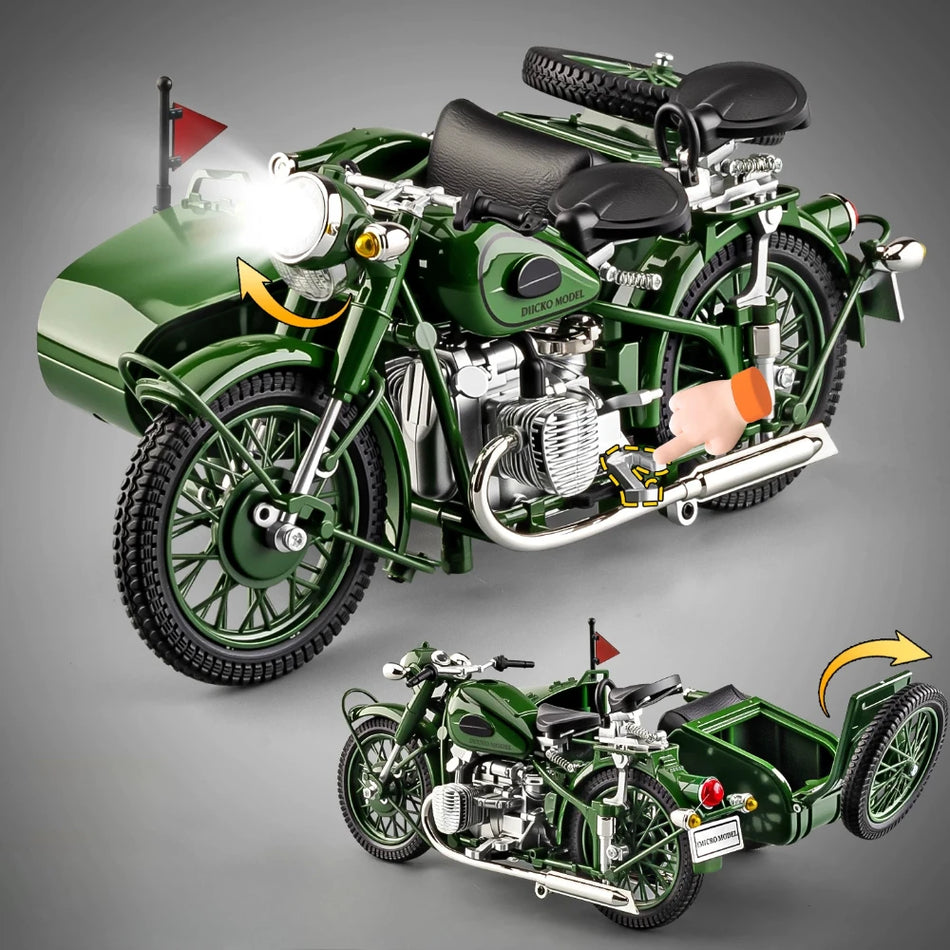 Model de tricicletă cu sidecar din metal turnat, cu direcție cu legătură pentru mașina RMZ City