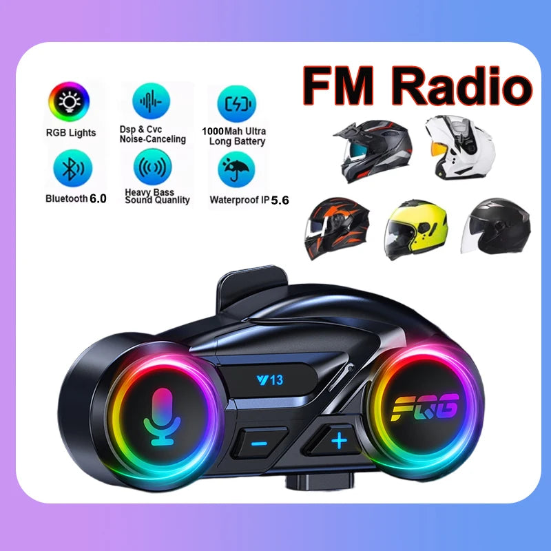 Ακουστικά κράνους μοτοσικλέτας Bluetooth 6.0 με φώτα RGB και ηχείο MP3