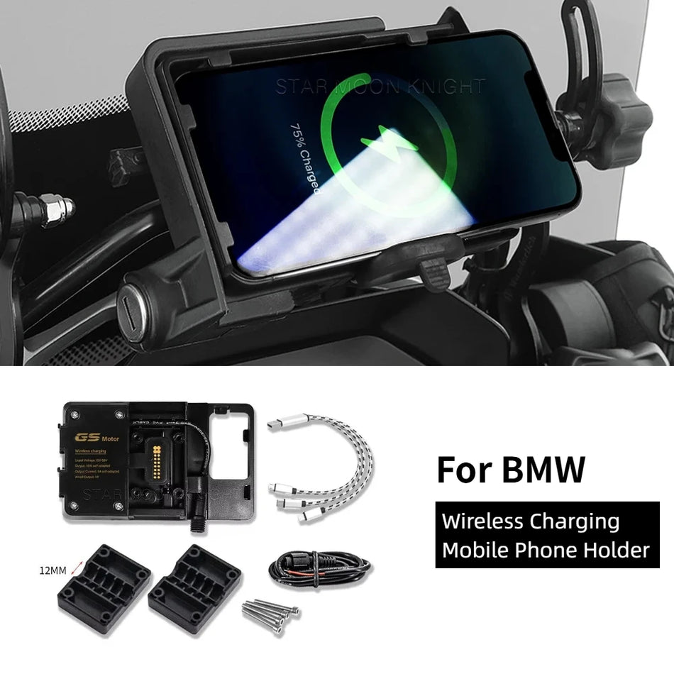 Držák telefonu na motocykl BMW R1250GS s bezdrátovým nabíjením, USB nabíječka, plastový montážní držák