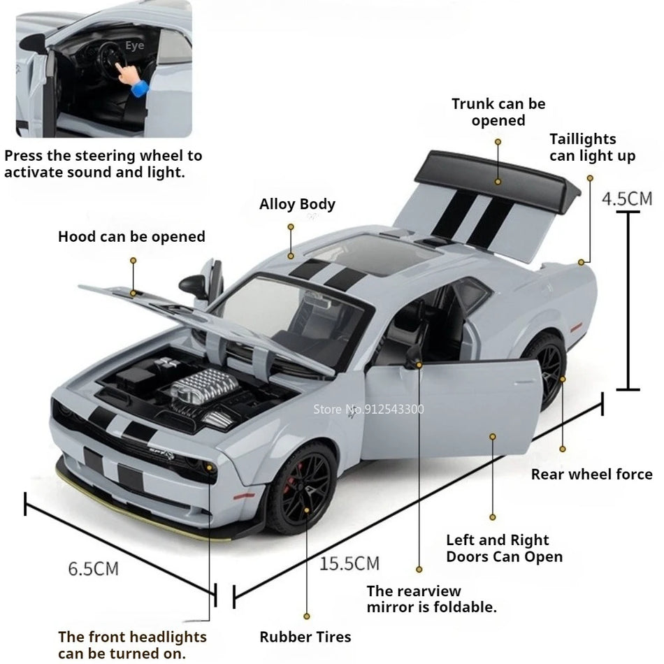1:32 Carro de Modelo em Liga de Alumínio Diecast Hellcat Charger com Som e Luz, Brinquedo de Carro de Retrocesso